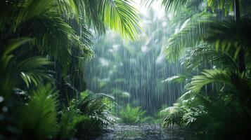 A lush jungle with rain pouring down on it photo