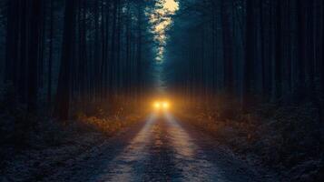 A road with headlights on in the woods photo