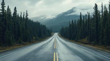 A road with trees on both sides and a mountain in the background photo