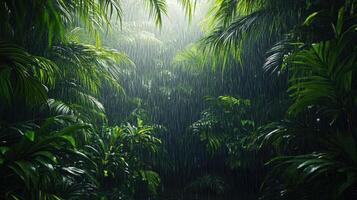 A lush green jungle with rain pouring down on it photo