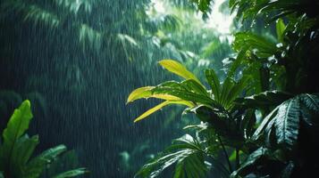 A lush green forest with rain pouring down on the leaves photo