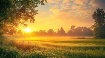 A field of grass with a sun setting in the background photo