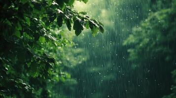 A tree with leaves is covered in rain photo