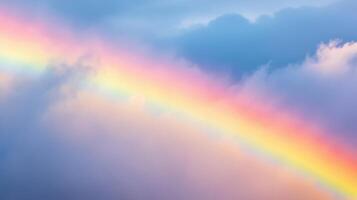 A rainbow is seen in the sky above a cloudy day photo