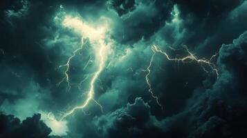 A stormy sky with lightning bolts and dark clouds photo