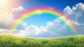 A rainbow is seen in the sky above a field of grass photo