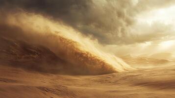 A large wave of sand is blowing across a desert photo