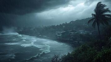 A stormy ocean with a palm tree in the background photo