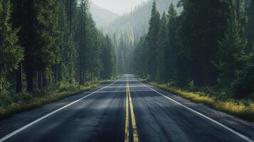 A road with trees on both sides and a yellow line photo