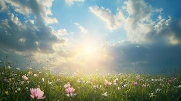 A field of flowers with a bright sun shining through the clouds photo