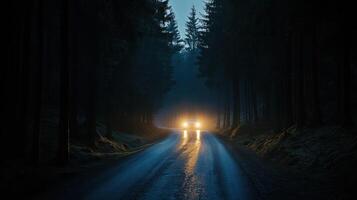 A car is driving down a road in the woods at night photo