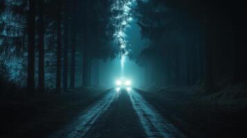 A dark forest road with headlights on photo