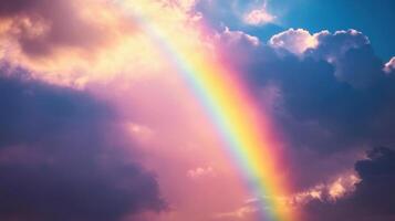 A rainbow is seen in the sky above a cloudy sky photo