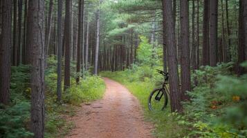 A path through a forest with trees on either side photo