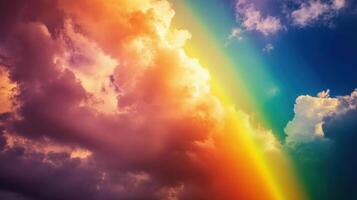 A rainbow is seen in the sky above a cloudy sky photo