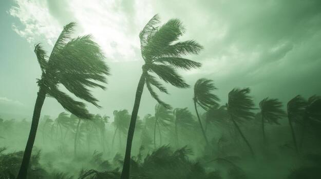 A storm is blowing through a forest of palm trees photo