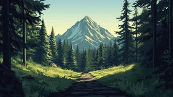A mountain range is in the background of a forest photo