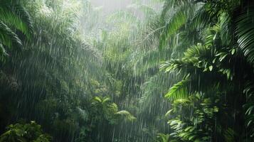 A lush green jungle with rain pouring down on it photo