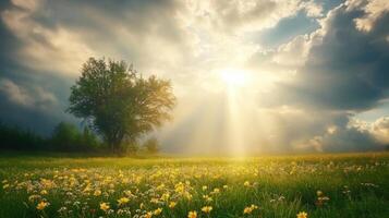 A field of yellow flowers with a tree in the background photo