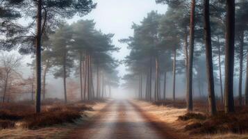 A foggy forest road with trees on both sides photo