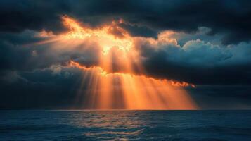 The sun is shining through the clouds, creating a beautiful and serene scene photo