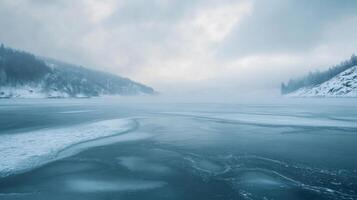 A cold, snowy landscape with a large body of water photo