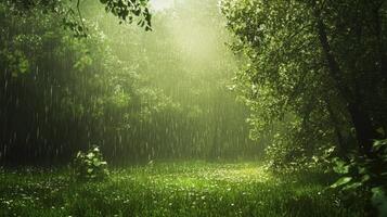 A lush green field with rain falling on it photo