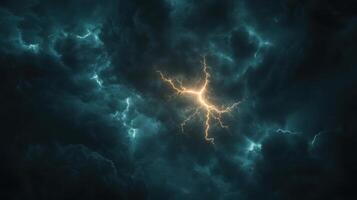 A stormy sky with a bright yellow lightning bolt photo