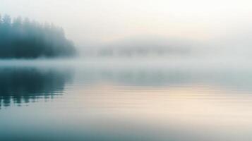 A foggy lake with trees in the background photo