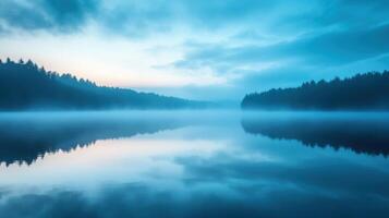 A calm lake with a blue sky in the background photo