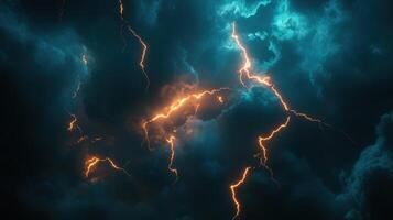 A stormy sky with lightning bolts and a dark blue sky photo