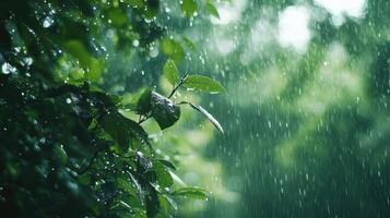 A leafy tree is covered in rain photo