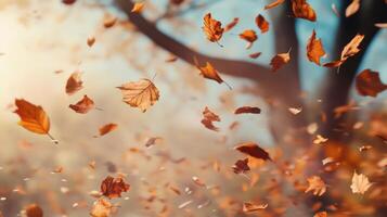 A tree is covered in leaves that are falling to the ground photo