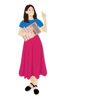 Full length girl with big calculator in one hand, index finger of other hand raised up, isolated on white, flat style, avatar vector