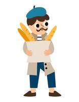 Man in beret with paper bag with baguettes. boy illustration. Cute character icon isolated on white background vector