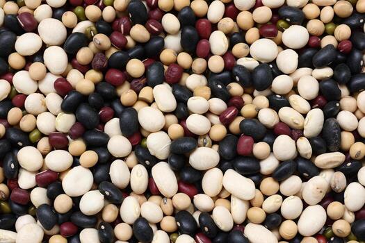 Top view of beans, black beans soybeans mung beans red beans with white beans mix photo