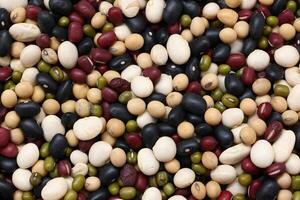 Top view of beans, black beans soybeans mung beans red beans with white beans mix photo
