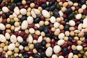 Top view of beans, black beans soybeans mung beans red beans with white beans mix photo