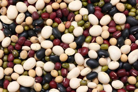 Top view of beans, black beans soybeans mung beans red beans with white beans mix photo