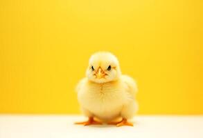 A small yellow chicken is standing in front of a yellow background photo