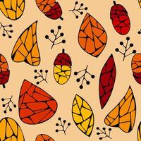 Seamless autumn pattern with leaves and berries in stained glass technique vector