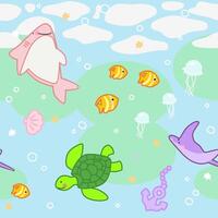 a cartoon of turtle and shark ocean life seamless pattern design vector