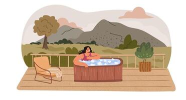 Happy woman using portable ice pod on the porch of resort in open air vector