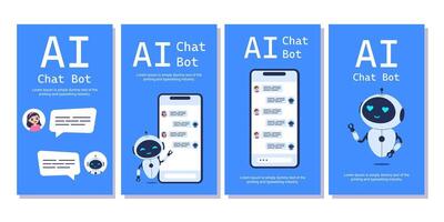 Vertical banners for chatbot concept with a robot and messenger on phone. Set of illustration for AI technology, communication apps, and digital assistance designs vector