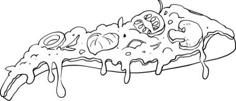A slice of pizza with mushrooms, tomatoes, lettuce and dripping cheese. Linear contour drawing. For printing banners, signs, menus. For restaurants and pizzerias. For printing on clothes and dishes. vector