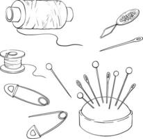 Set of sewing accessories. For a tailor and seamstress workshop. For printing brochures, business cards, labels and logos. Workshop for handicrafts and sewing of clothes and things. linear set. vector