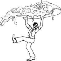 A man is carrying a large piece of pizza. For printing logos and designing menus and signs for restaurants and pizzerias. Pizzeria characters with humor. Sliced piece of pizza with dripping cheese vector