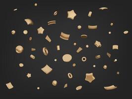 3D gold confetti set. Realistic party elements isolated on black background. Festive design vector