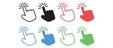 Two rows of colorful hand icons with index fingers pointing, each one outlined with a different color. vector