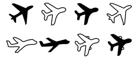 Eight silhouetted airplane icons in various styles on a white background. vector